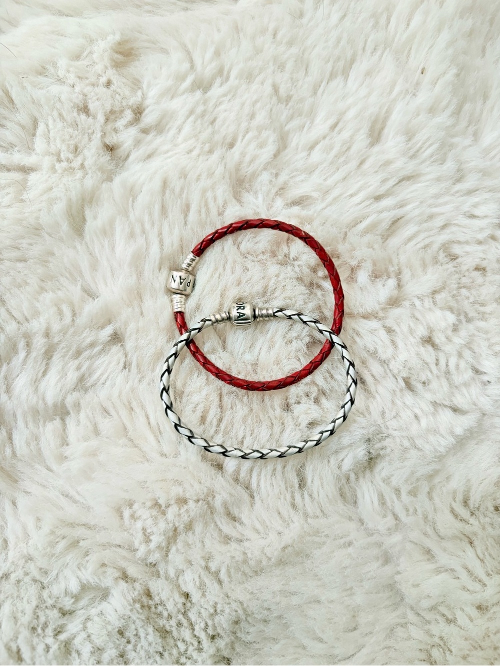 PANDORA Moments Woven Leather Charm Bracelets • Set of 2 • Red & Black/White